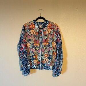 Johnny Was Multicolor Floral and Animal Print Bomber Jacket